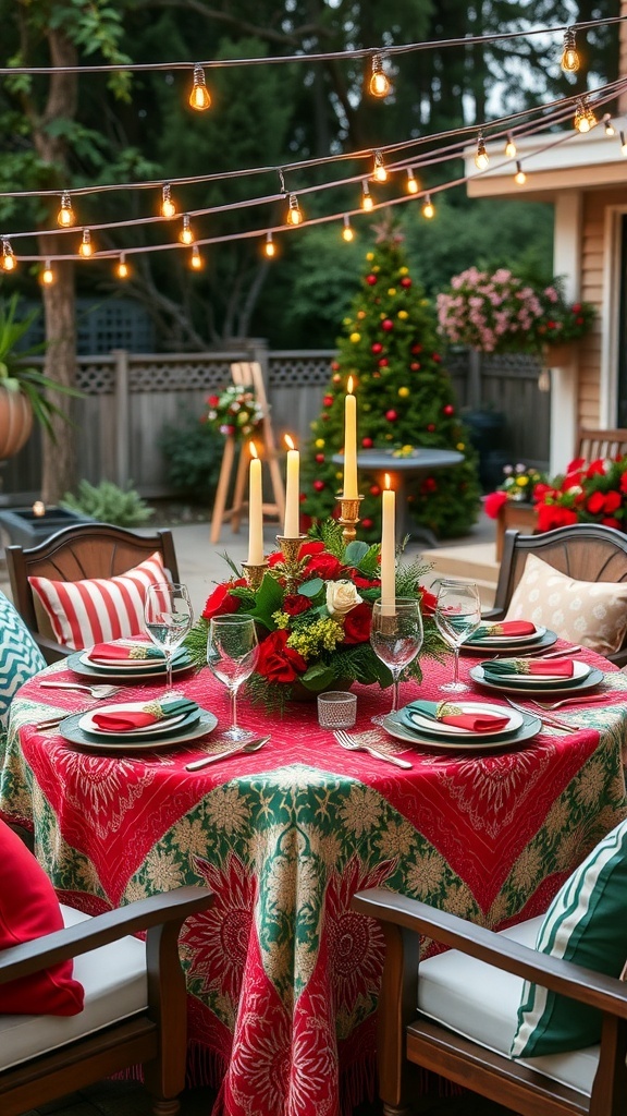 Outdoor Christmas table setting with flowers, candles, and colorful tableware under string lights.